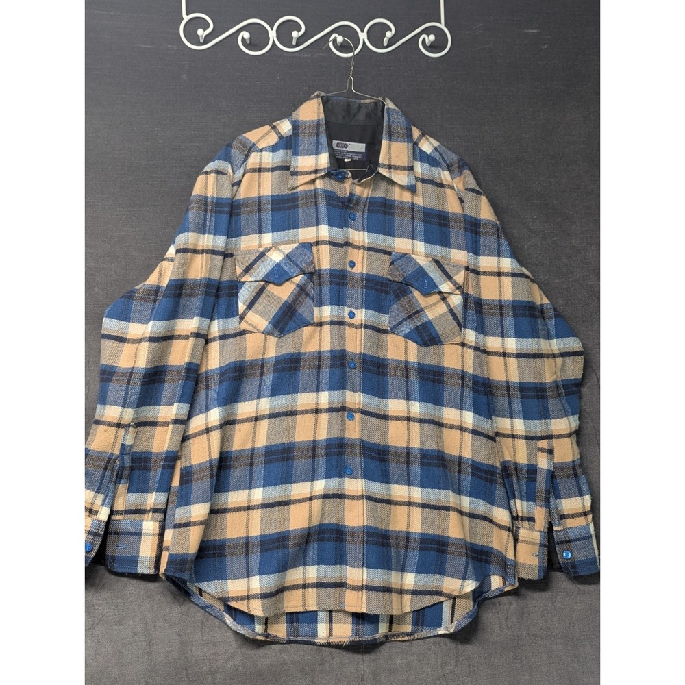 VTG VIP Acrylic Men's Plaid Flannel Shirt Blue Tan 60's 70's Large L